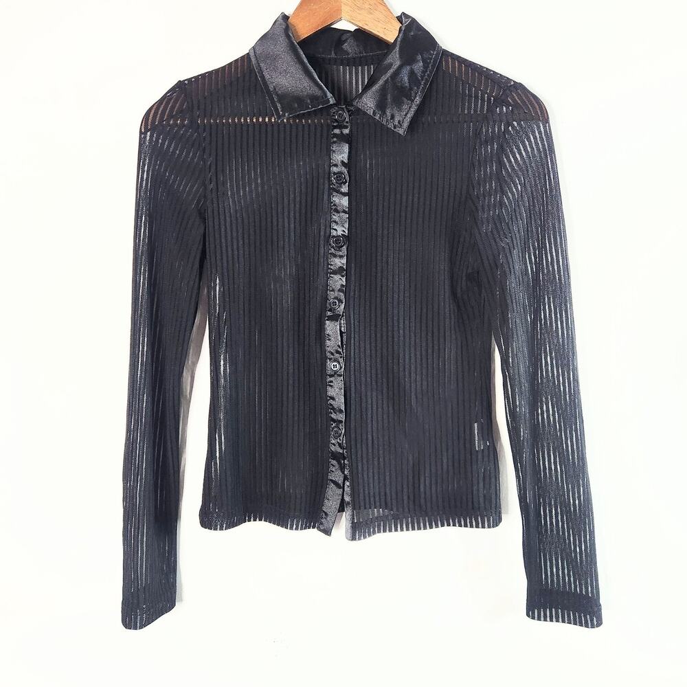 Shein Womens Black Sheer Button Up Striped Blouse Size Medium Y2K Fairy Grunge